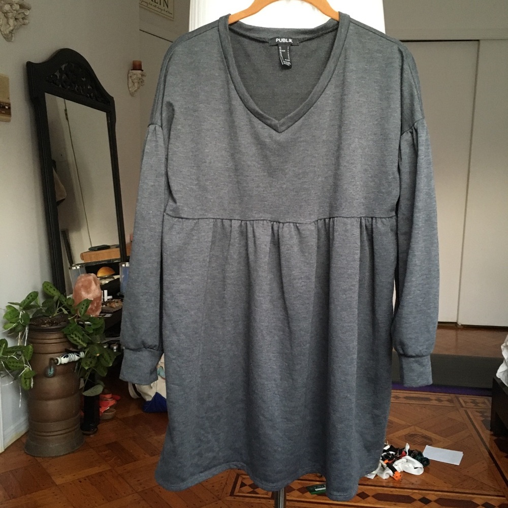 Shirred Shift Mini Dress Long Sleeves Cottage Grey